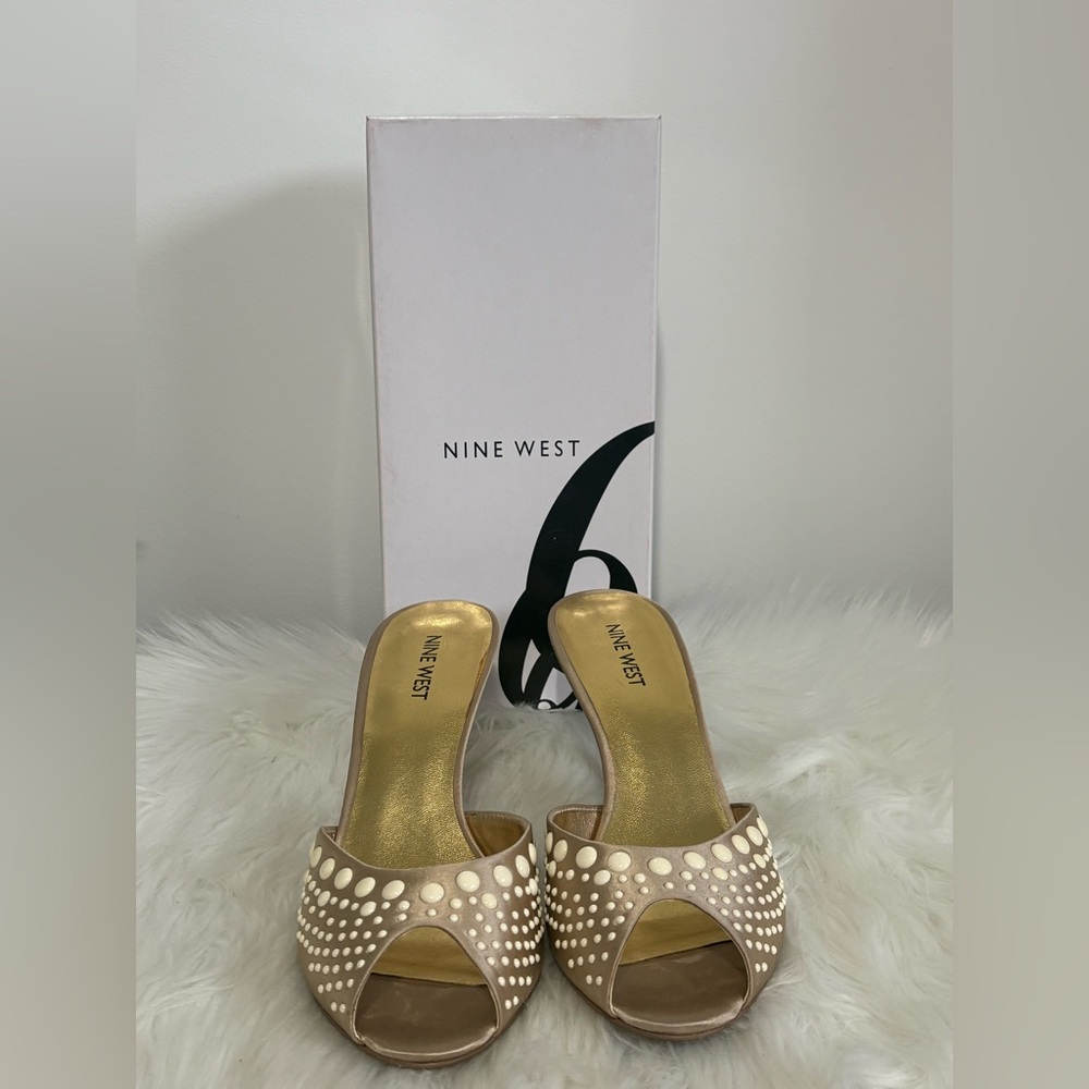 Nine West Beige Studded Open-Toe Mules